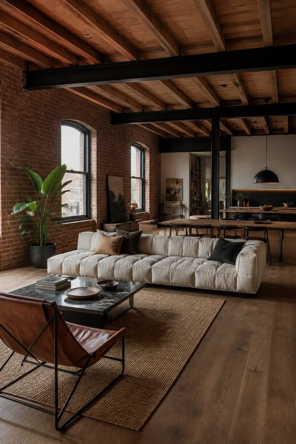 Loft living room with brick wall and beams, low sofa as divider
