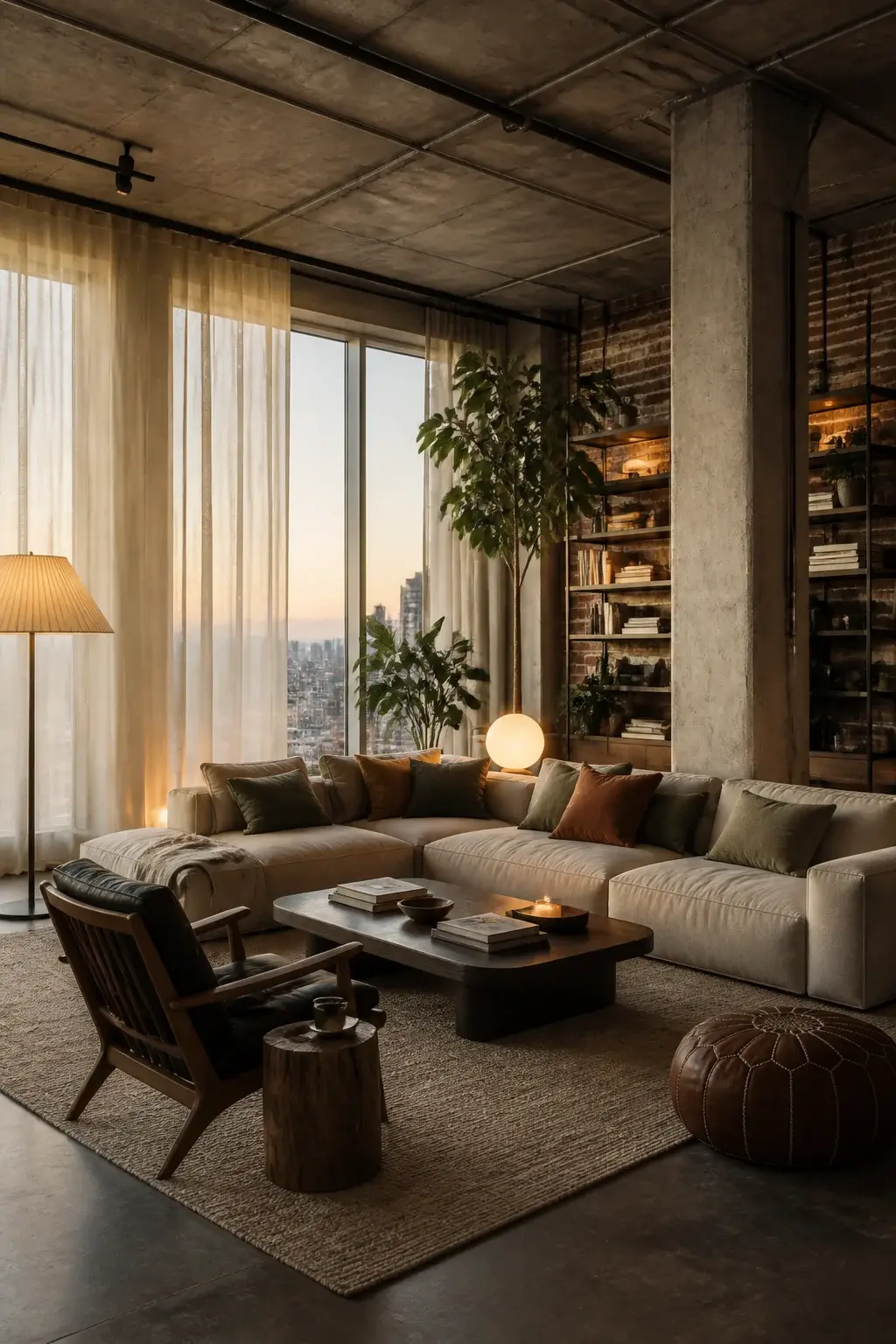 Wide-open loft corner, sheer curtains, layered lighting, textures