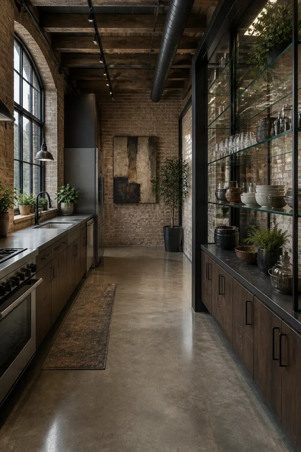Industrial loft kitchen nook, glass shelving, three-foot clear path