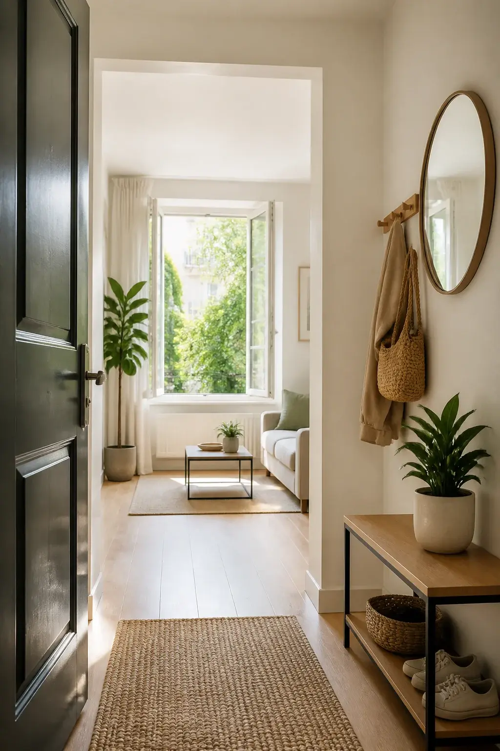 Clean apartment entryway with open windows and fresh air