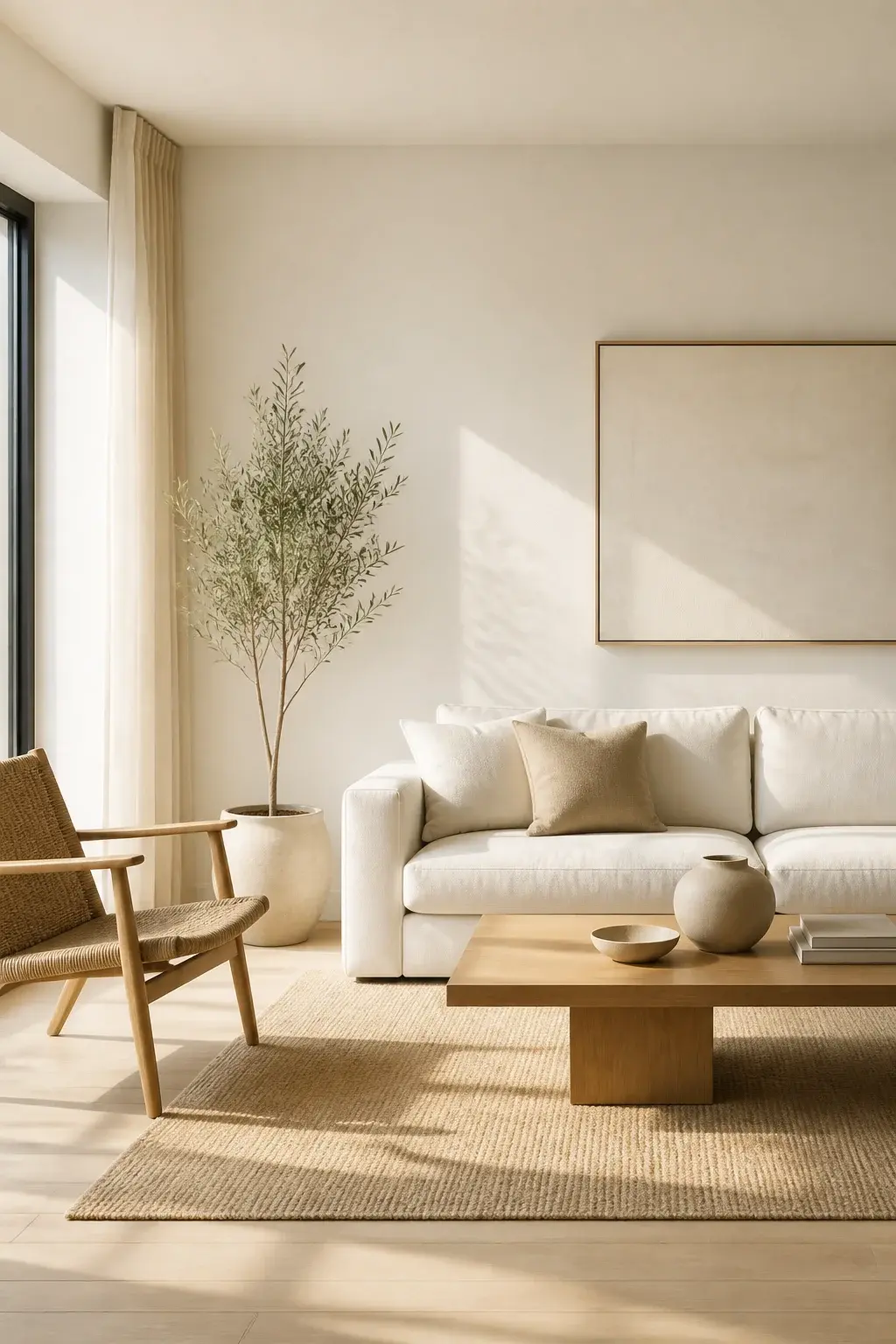 Minimalist living room: decluttered, neutral tones, sunlight