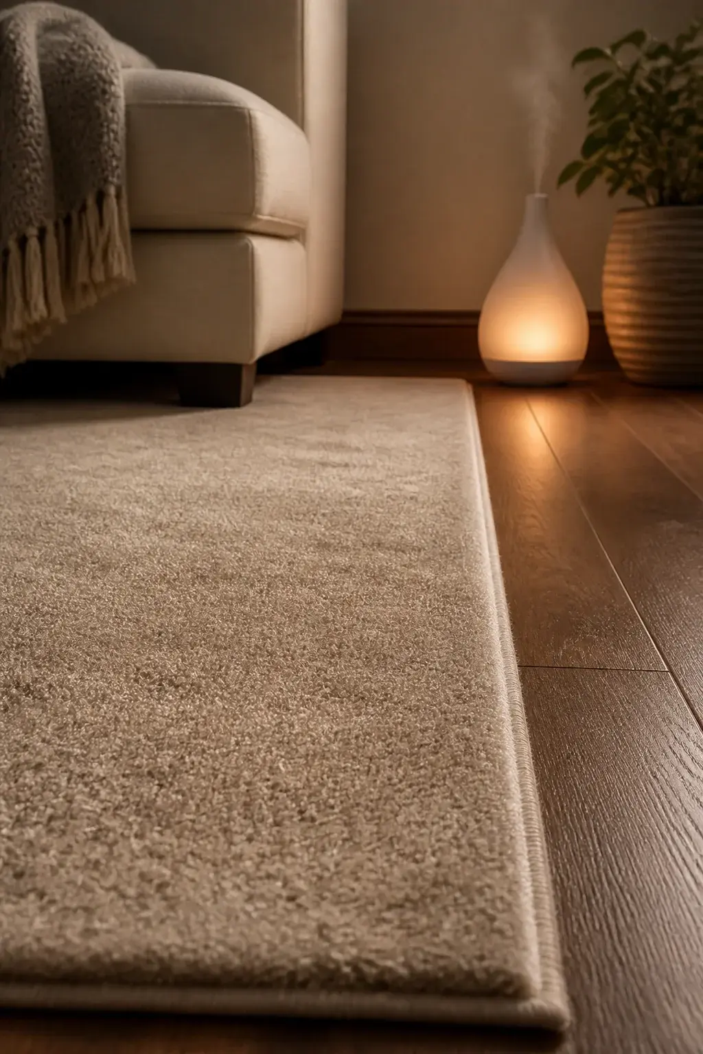 Vacuumed carpet edge with scent-diffuser quiet glow