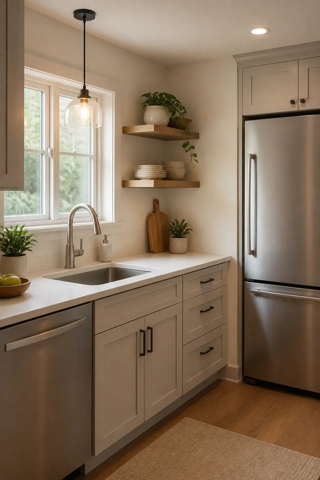 Kitchen sink area spotless, fridge door closed, soft lighting